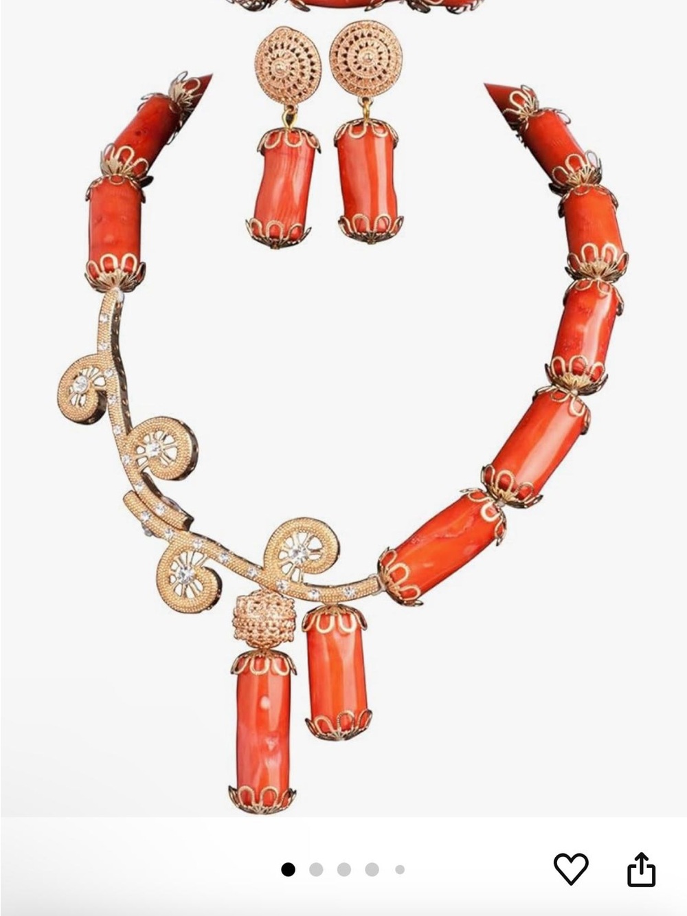 Nigerian Gold and Coral orange Statement Necklace & Earring Set